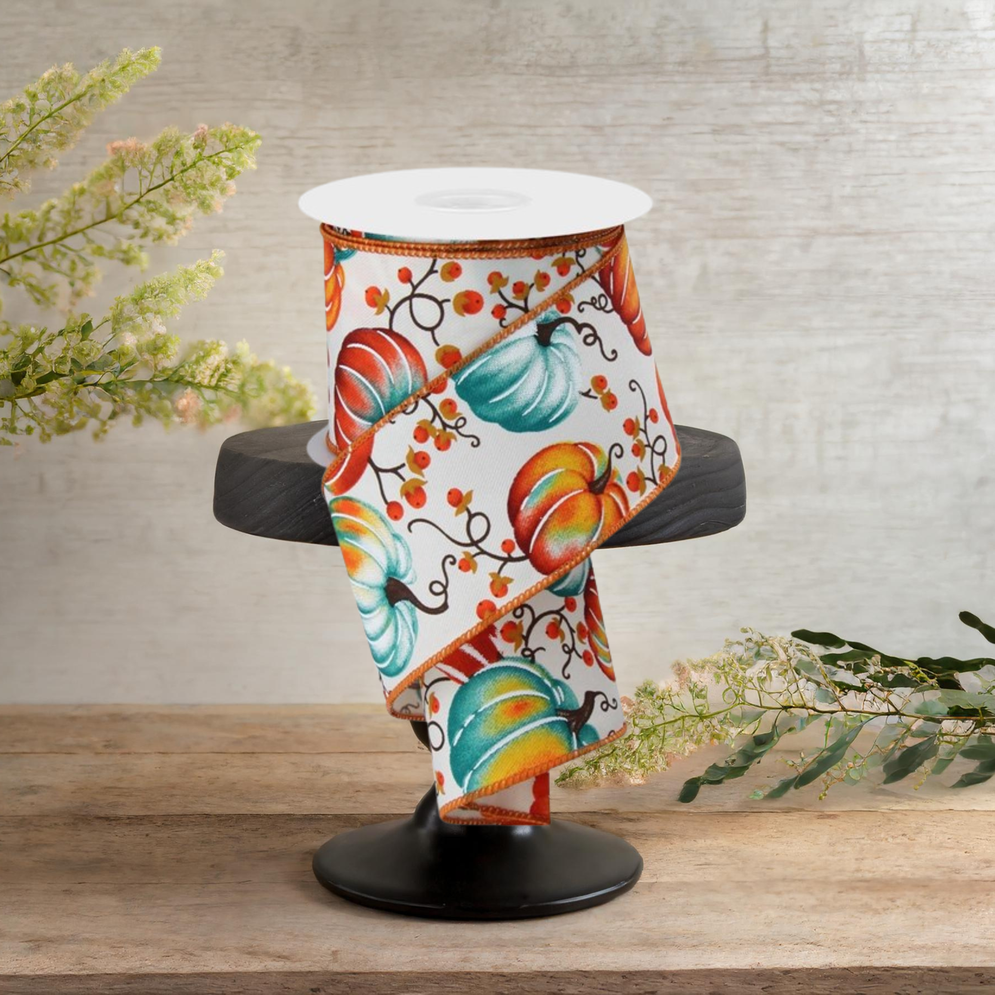 Shop For 2.5" Pumpkins Bittersweet Ribbon: Ivory/Teal/Rust