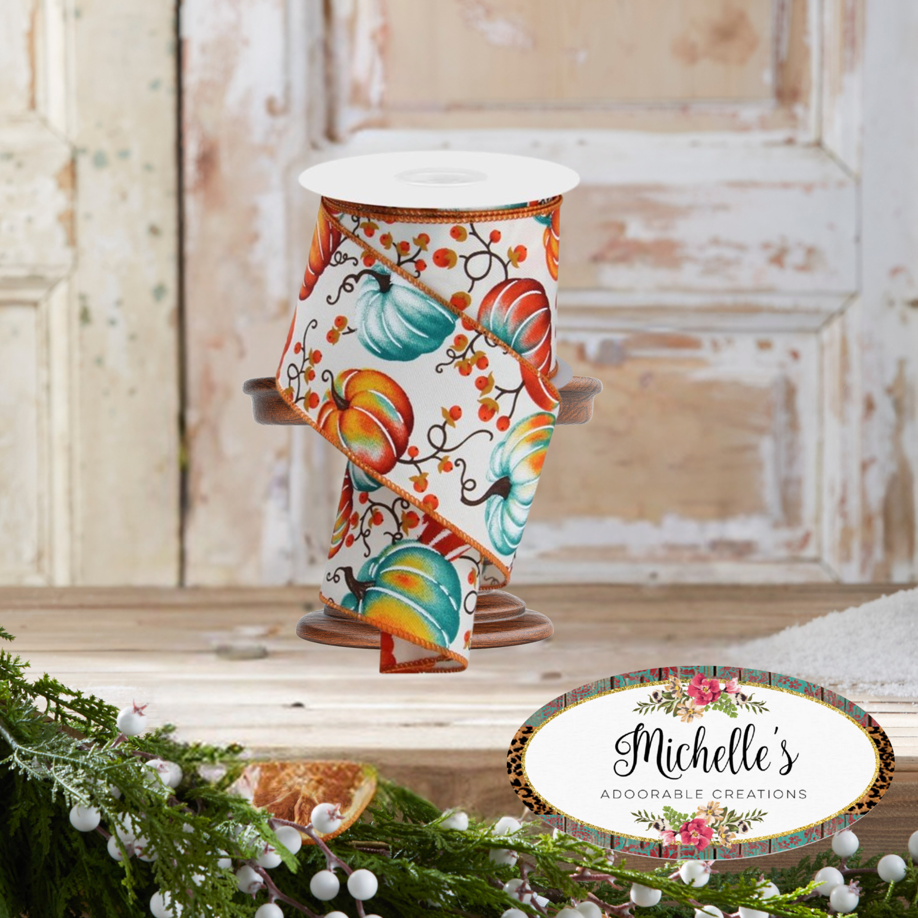 Shop For 2.5" Pumpkins Bittersweet Ribbon: Ivory/Teal/Rust