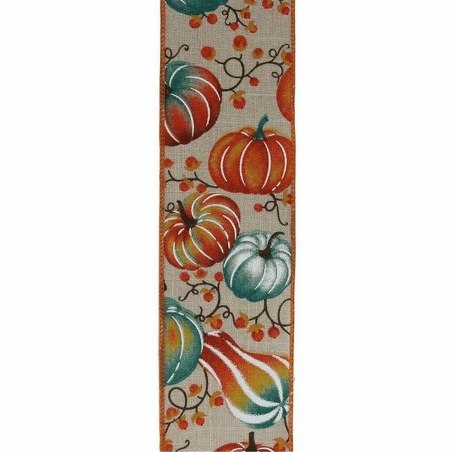 Shop For 2.5" Pumpkins Bittersweet Ribbon: Light Natural/Teal (10 Yards)