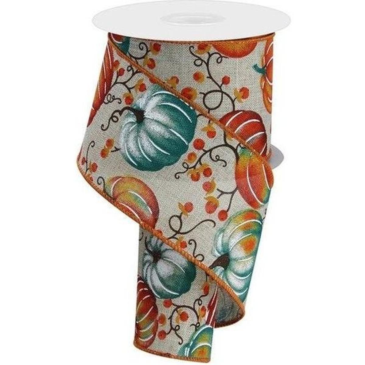 Shop For 2.5" Pumpkins Bittersweet Ribbon: Light Natural/Teal (10 Yards)