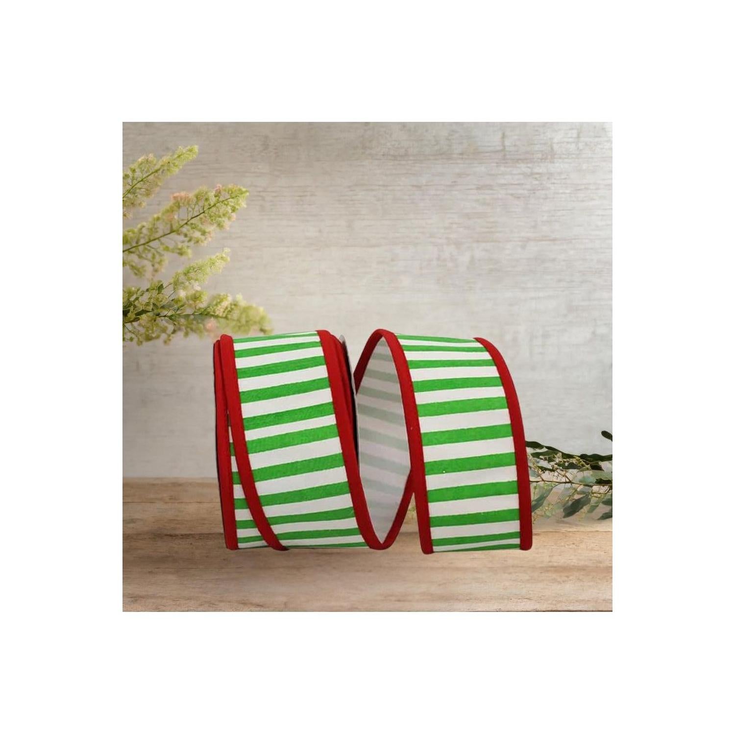 2.5" Railroad Striped Ribbon: Green/White (10 Yards)