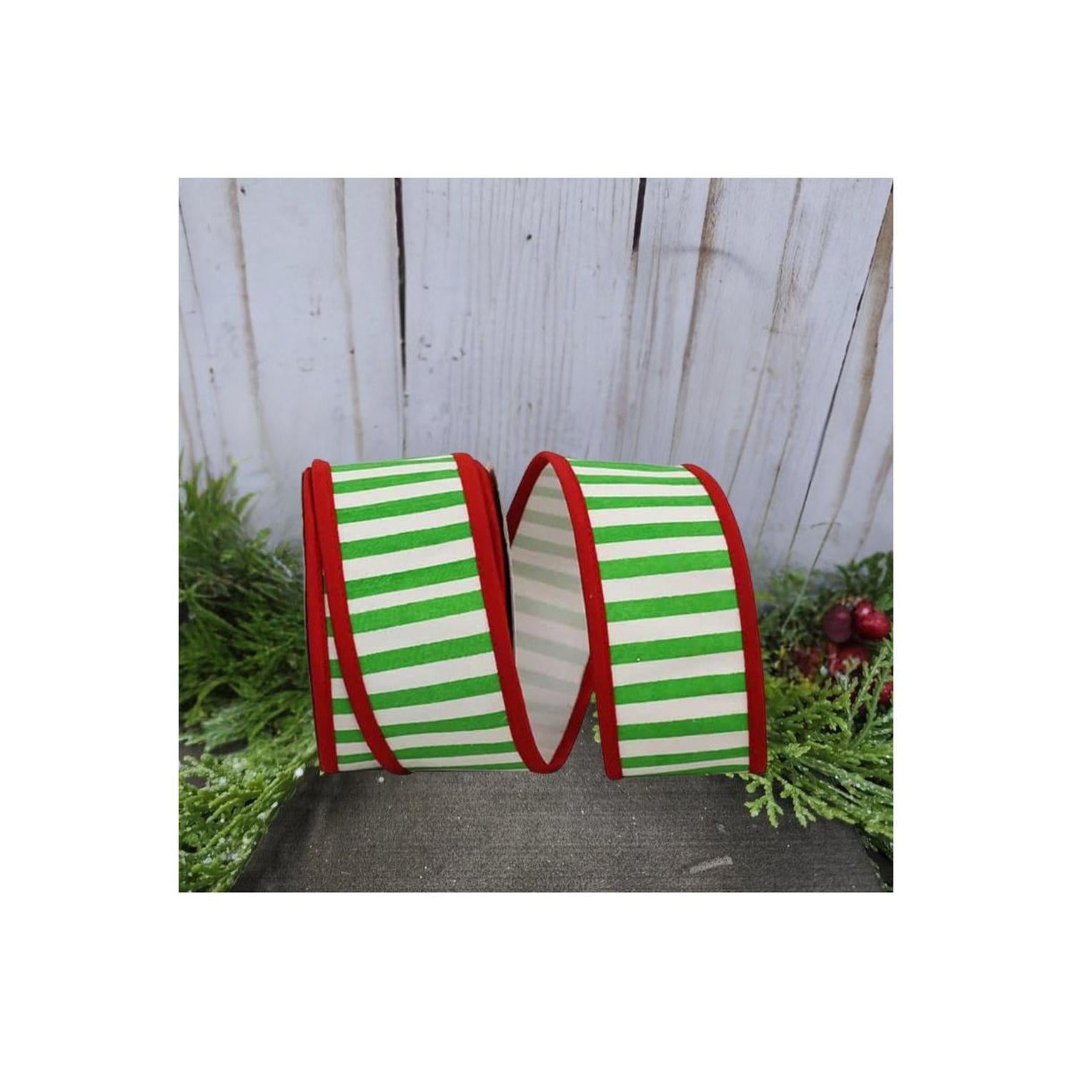 2.5" Railroad Striped Ribbon: Green/White (10 Yards)