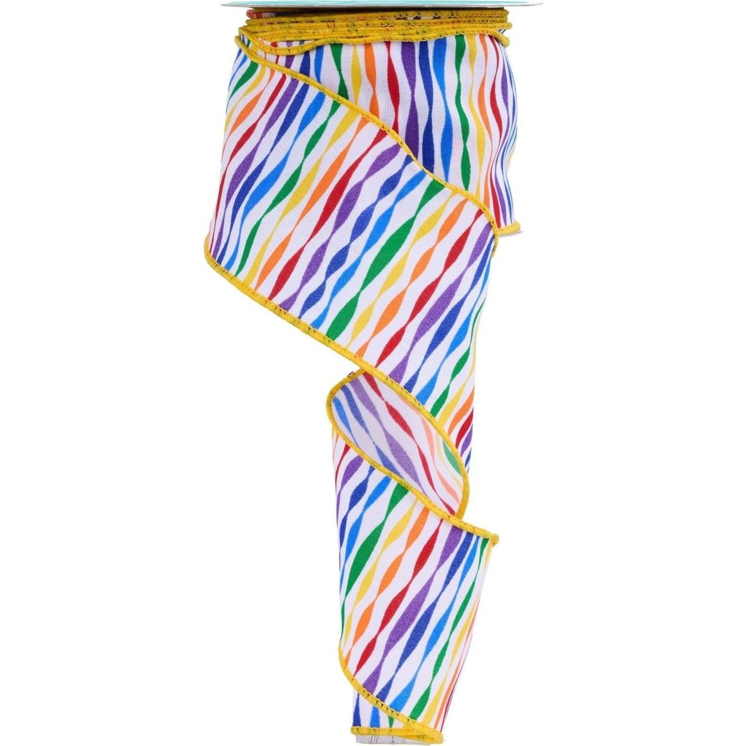 2.5" Rainbow Twisted Stripe Ribbon: White (10 Yards)