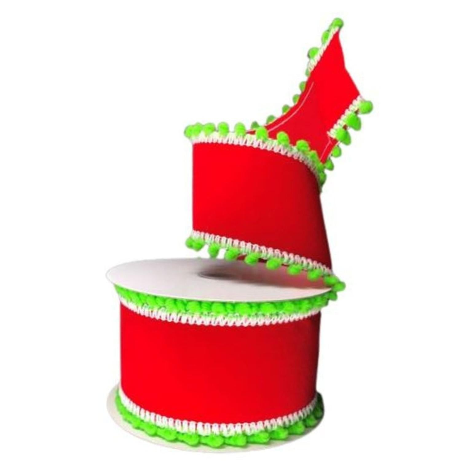 2.5" Red Velvet Pom Ribbon: Lime Green (10 Yards)