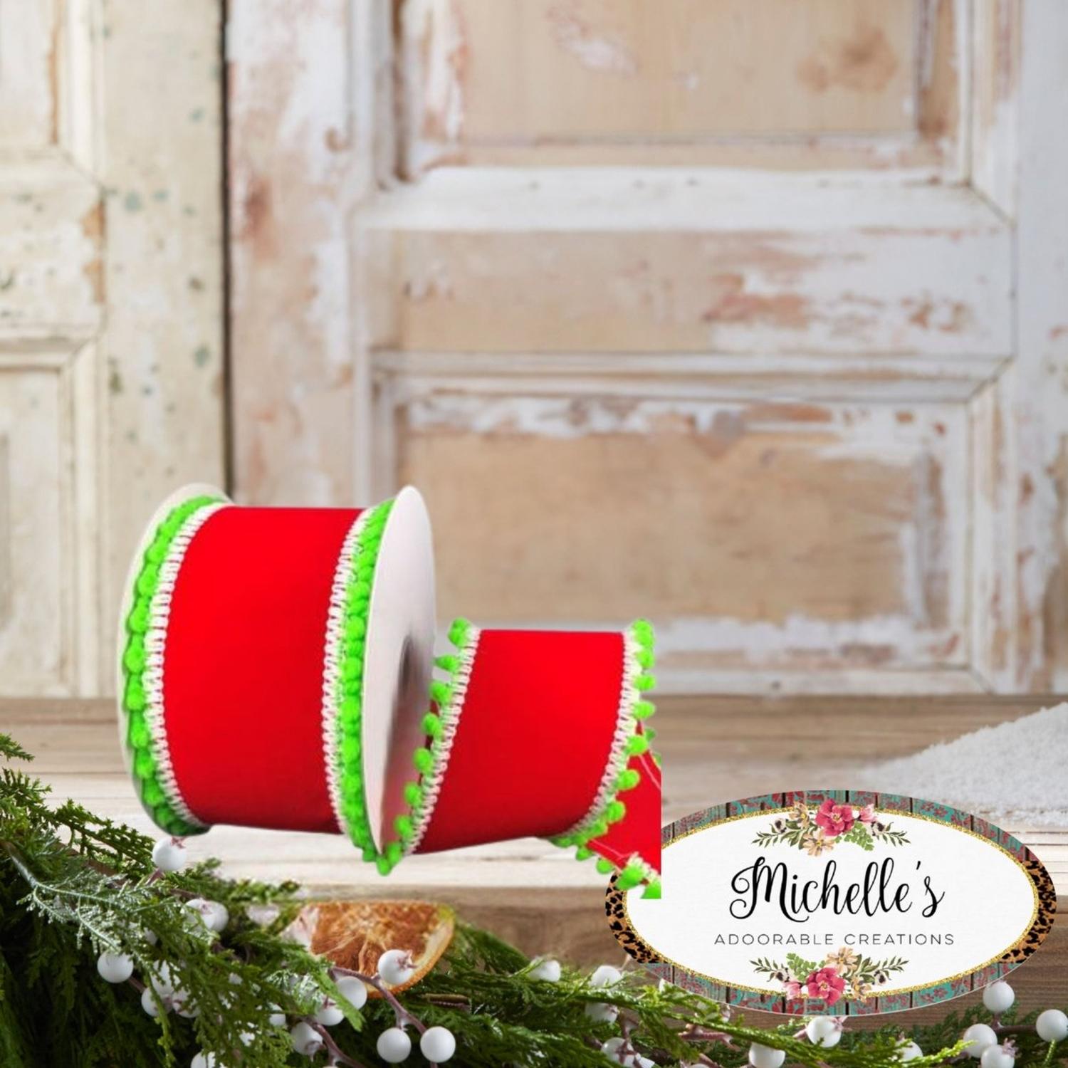 2.5" Red Velvet Pom Ribbon: Lime Green (10 Yards)