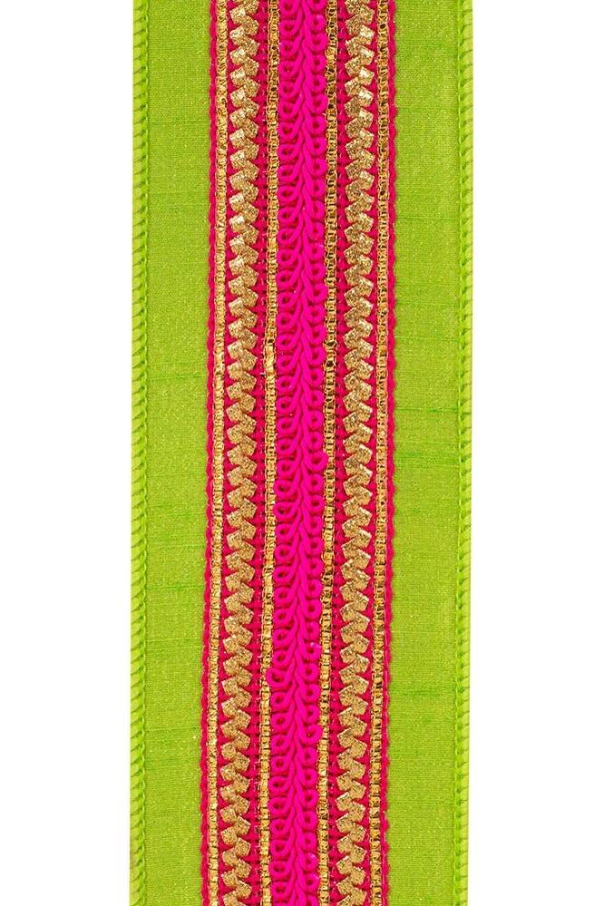 Shop For 2.5" Regal Stripe Trimming Dupioni Ribbon: Lime/Pink (5 Yards)