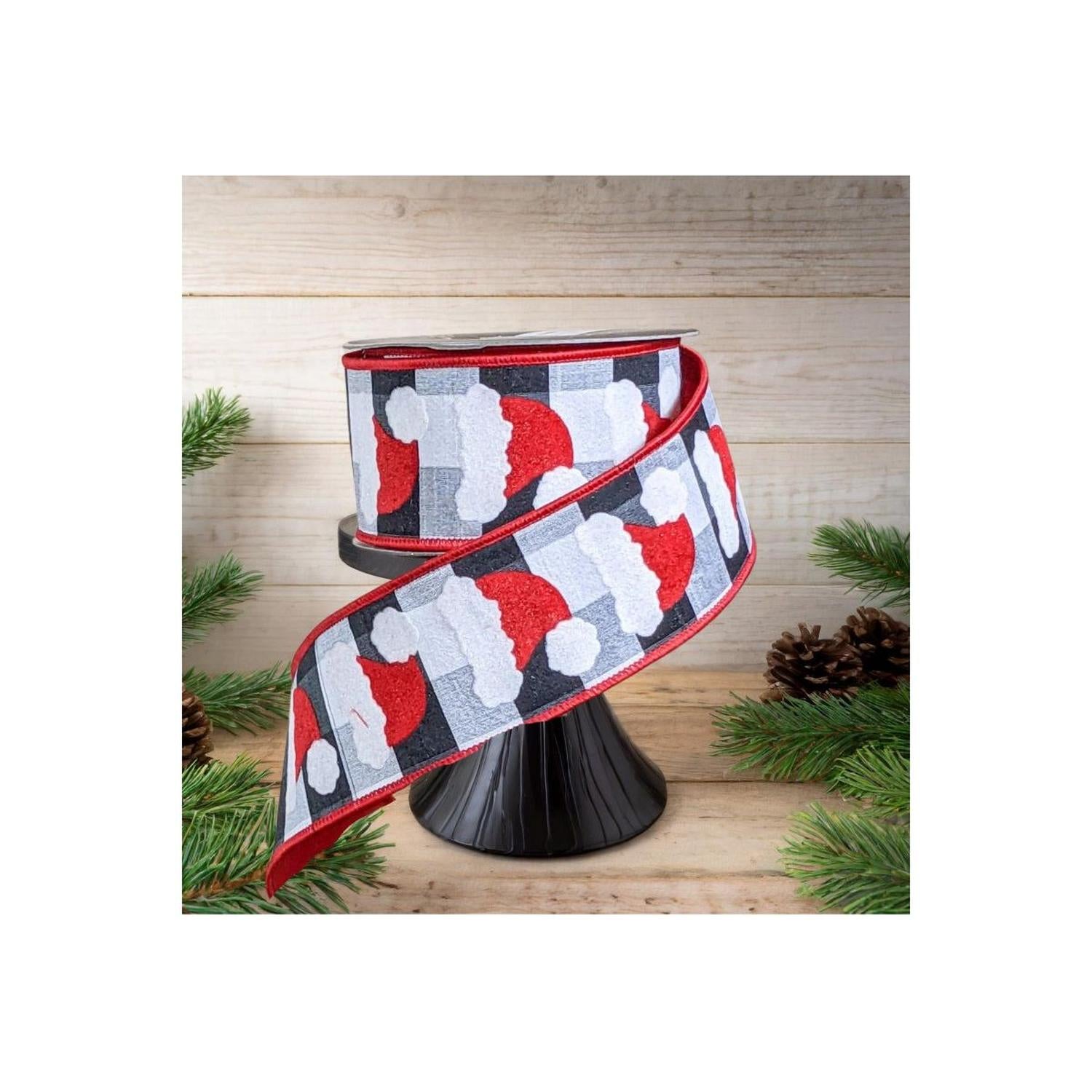 2.5" Santa Hats on Check Ribbon: Black & White (10 Yards)