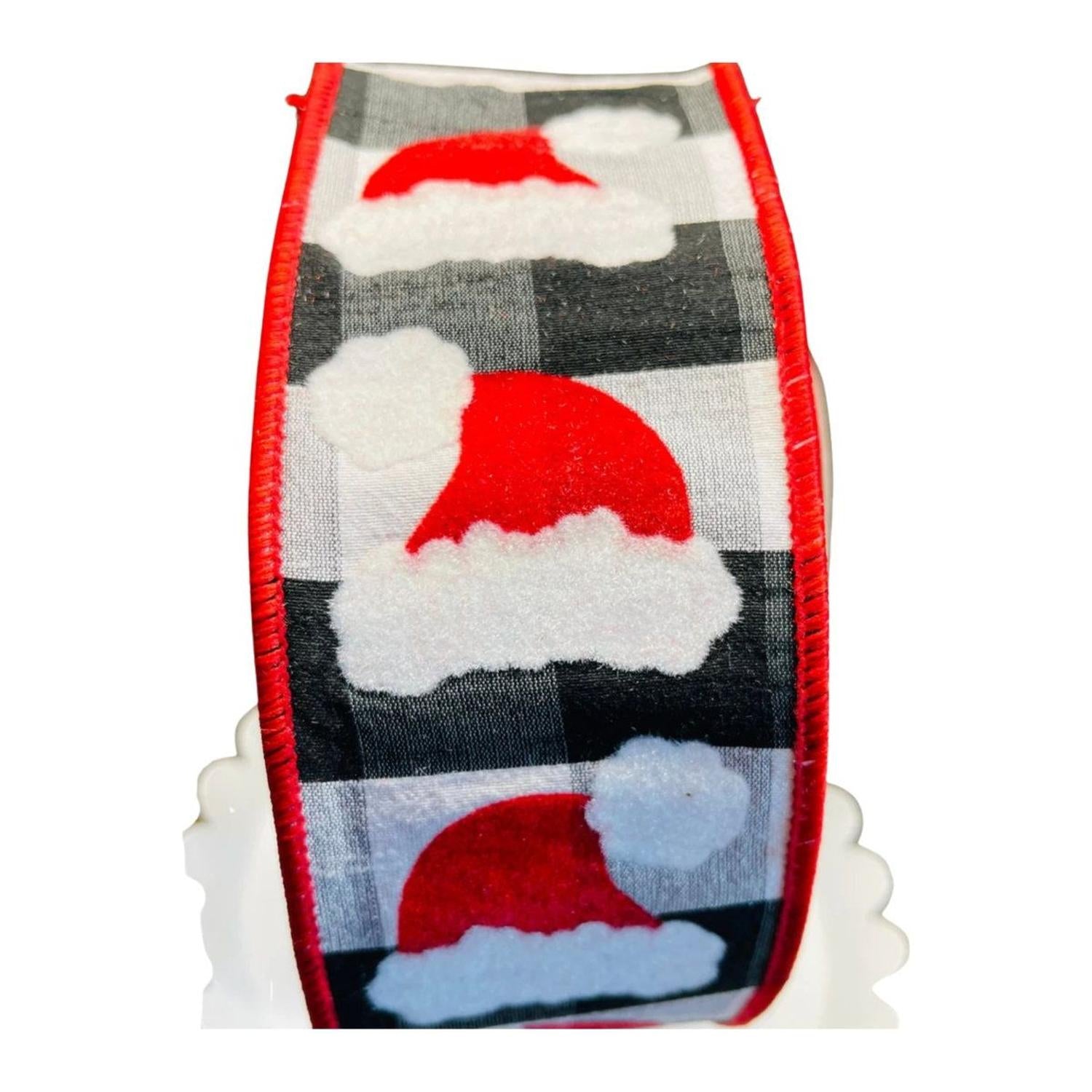 2.5" Santa Hats on Check Ribbon: Black & White (10 Yards)