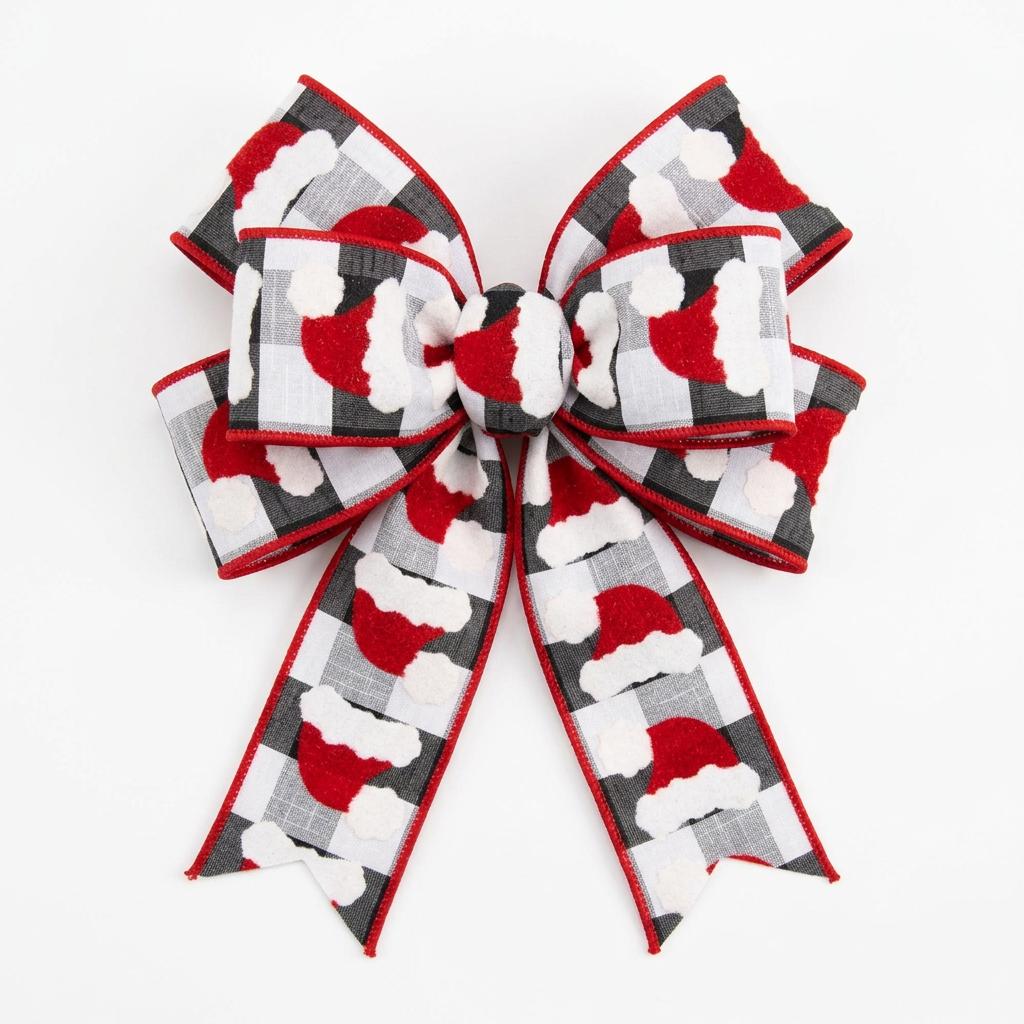 Decorative bow made from black and white check Santa hat ribbon
