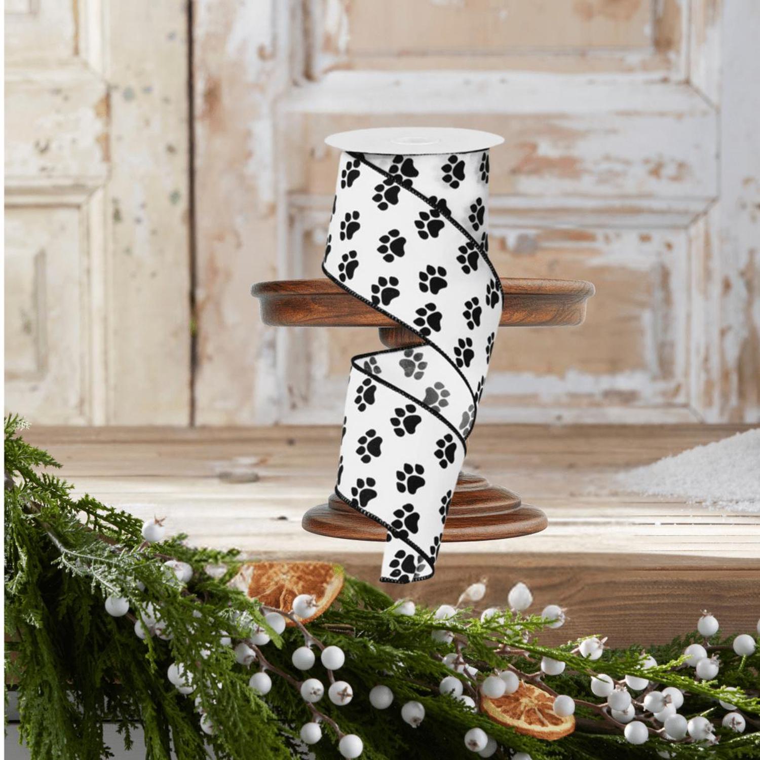 2.5" Satin Paw Print Ribbon: Black & White (10 Yards)