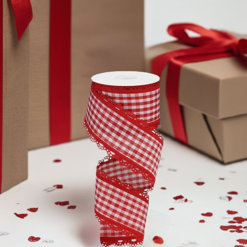 Shop For 2.5" Scalloped Edge Gingham Ribbon: Red (10 Yard) at Michelle's aDOORable Creations