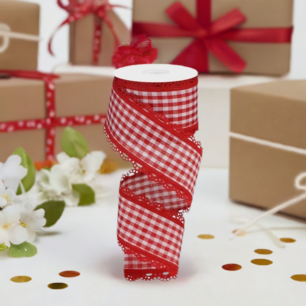 Shop For 2.5" Scalloped Edge Gingham Ribbon: Red (10 Yard) at Michelle's aDOORable Creations