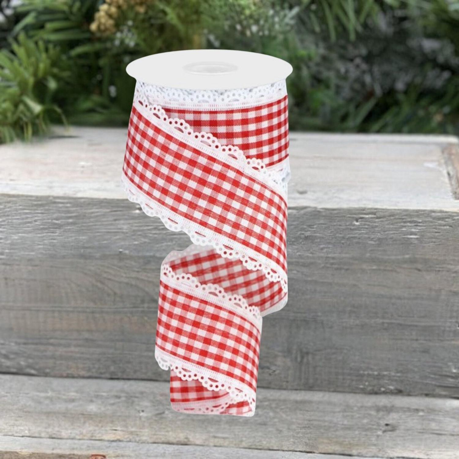2.5" Scalloped Edge Gingham Ribbon: Red & White (10 Yard)