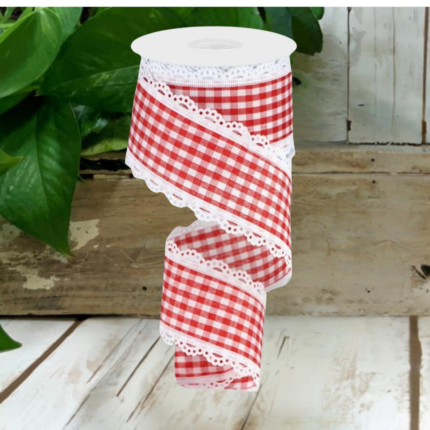 2.5" Scalloped Edge Gingham Ribbon: Red & White (10 Yard)