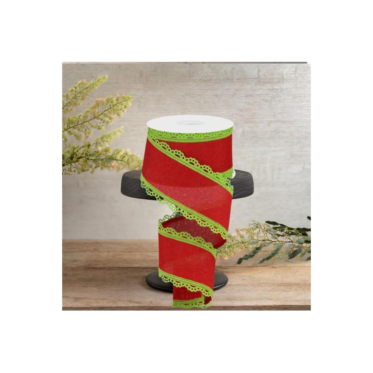 2.5" Scalloped Edge Ribbon: Red/Lime Green (10 Yards)