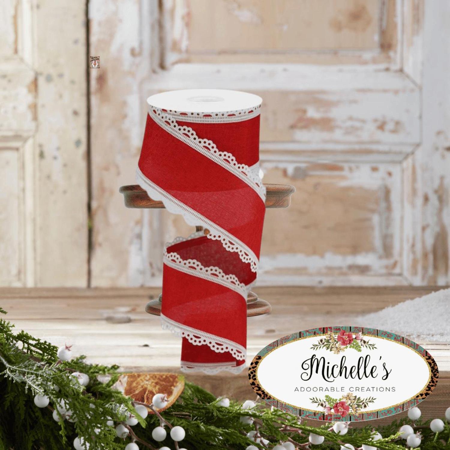 2.5" Scalloped Edge Ribbon: White/Red (10 Yard)