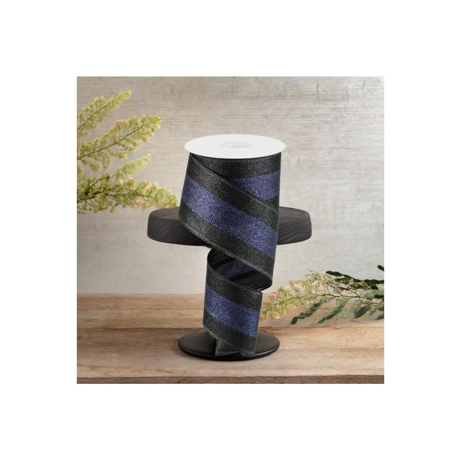 2.5" Shimmer Glitter Stripe Ribbon: Black & Navy Blue (10 Yards)