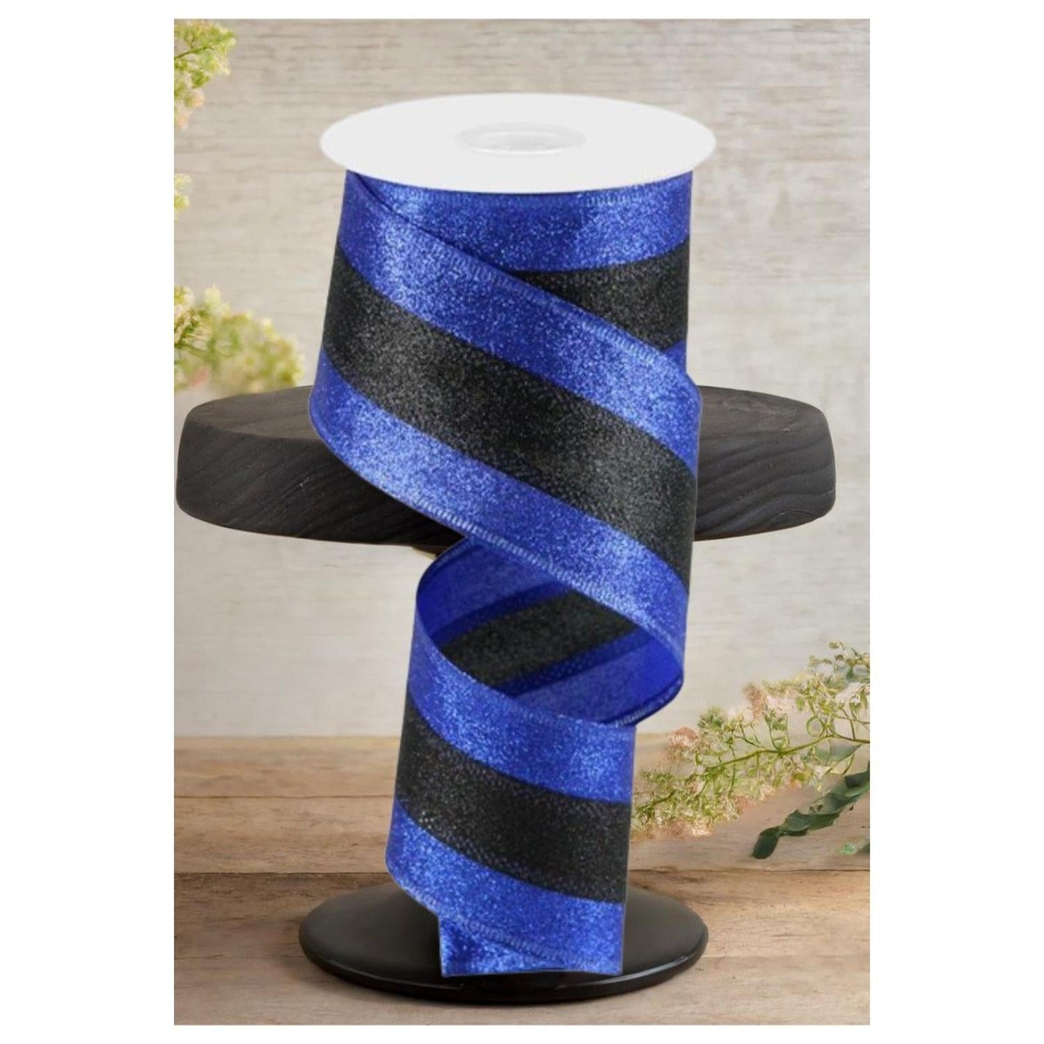 Shop For 2.5" Shimmer Glitter Stripe Ribbon: Royal Blue & Black (10 Yards)