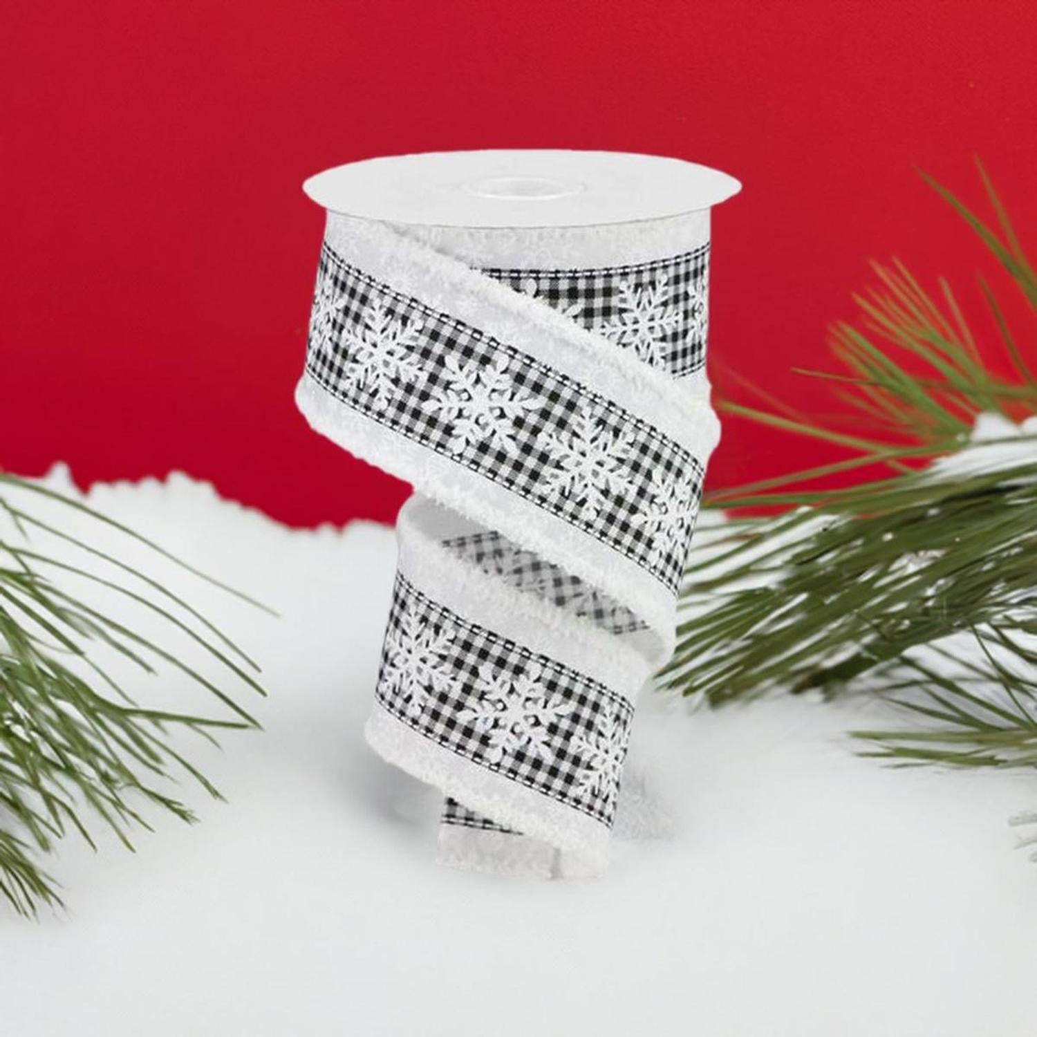2.5" Snowflakes Check Drift Ribbon: White (10 Yards)