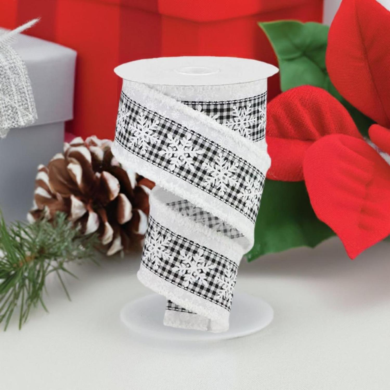 2.5" Snowflakes Check Drift Ribbon: White (10 Yards)