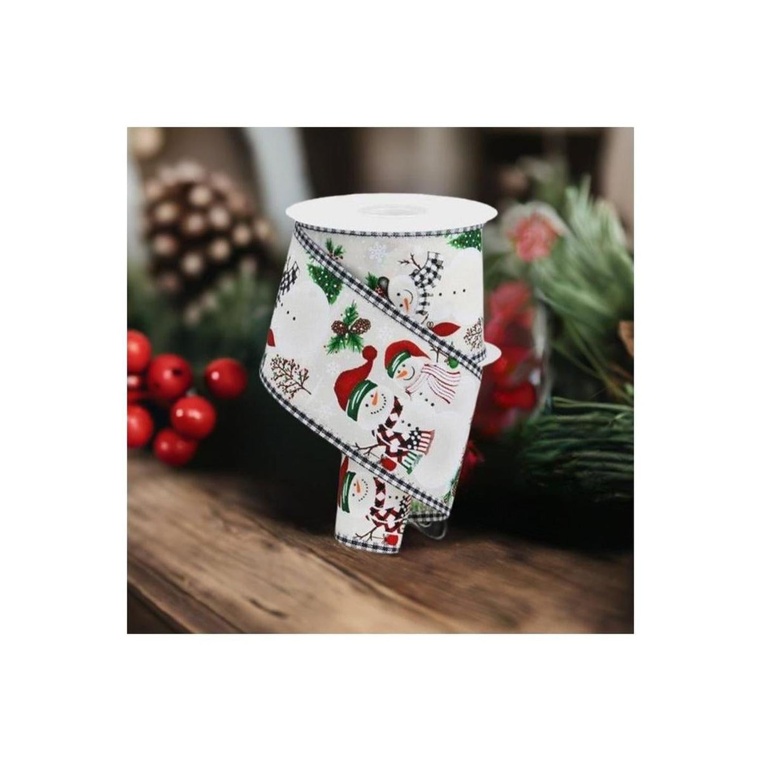 Shop For 2.5" Snowman Ornaments Gingham Ribbon: Ivory (10 Yards) at Michelle's aDOORable Creations