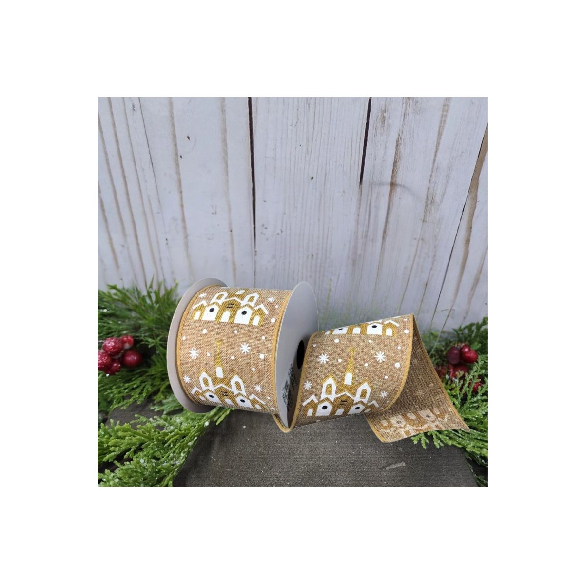 Shop For 2.5" Snowy Church Ribbon: Natural (10 Yards)
