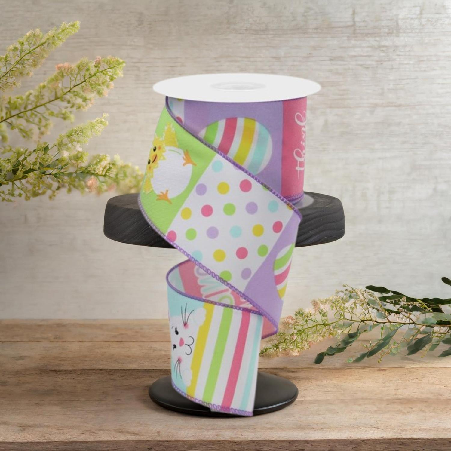 2.5" Spring Bunny Chick Block Ribbon: White (10 Yards)