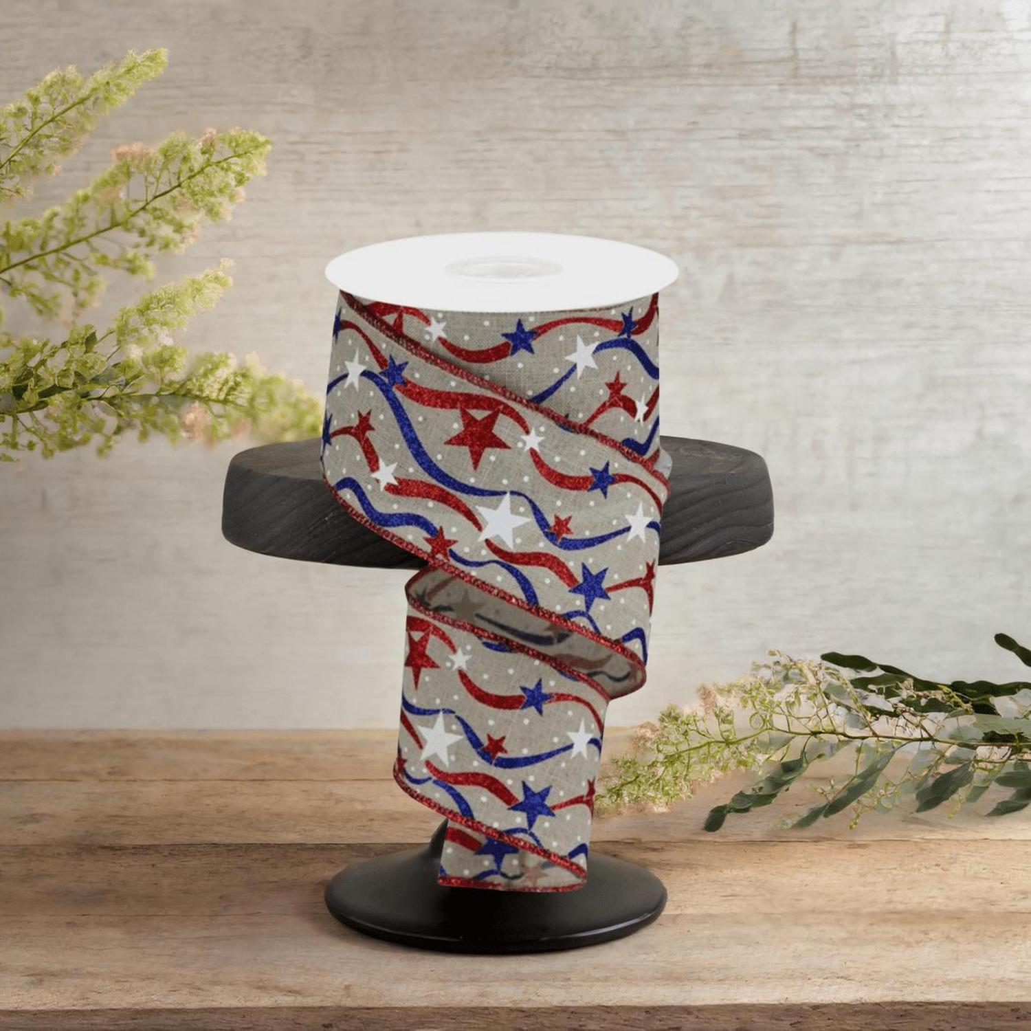 2.5" Stars and Wavy Stripes Royal Canvas Ribbon: Natural (10 Yards)