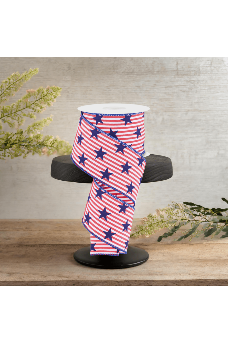 Shop For 2.5" Stars On Woven Stripe: Navy Blue (10 Yards)