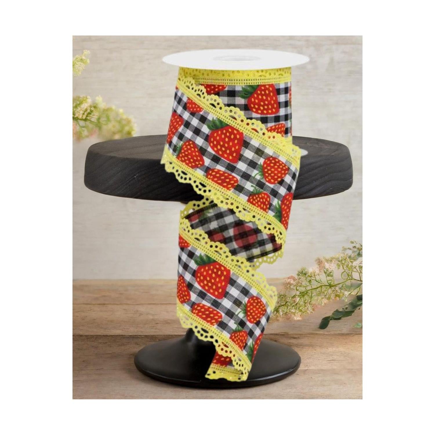 2.5" Strawberries Check Lace Ribbon: Black & White (10 Yards)