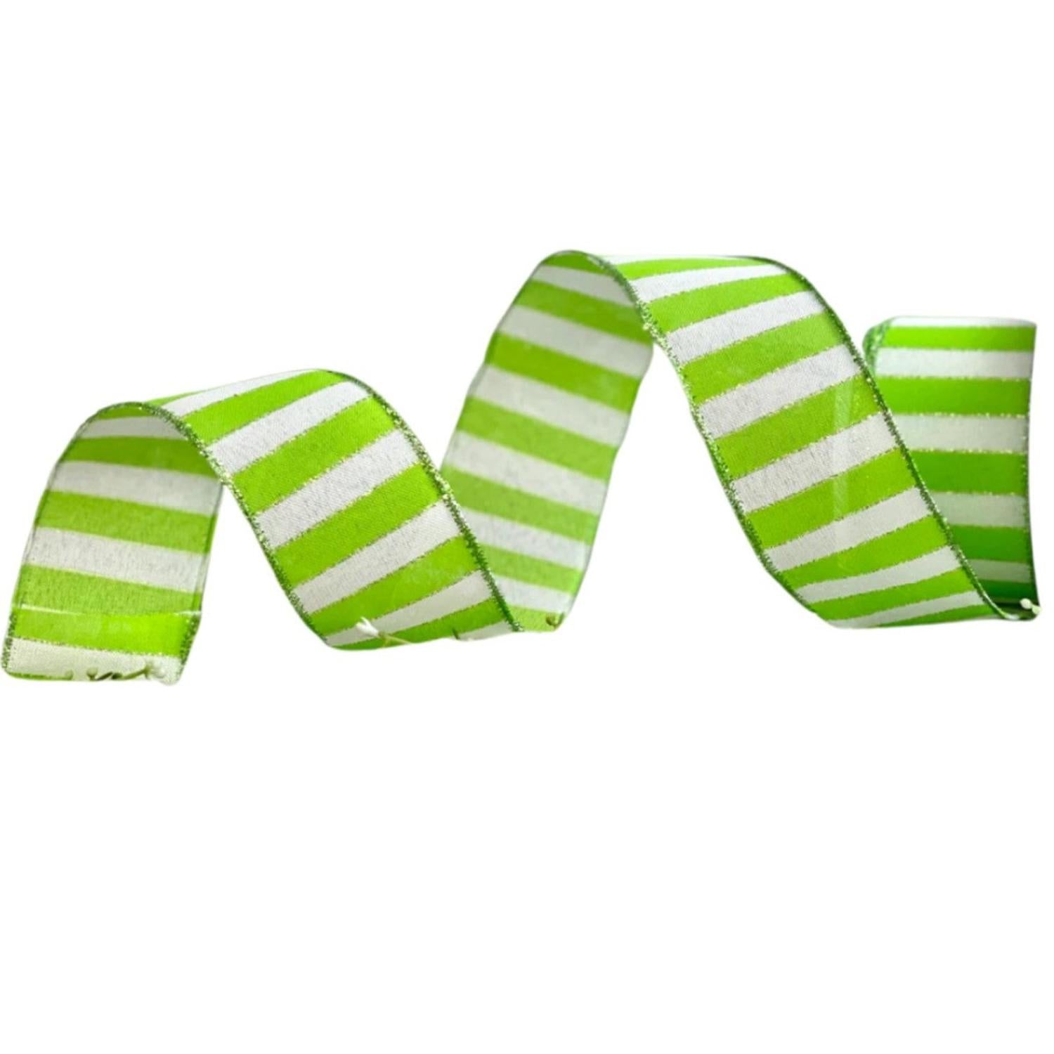 2.5" Stripe Tinsel Edge Ribbon: Lime & White (10 Yards)