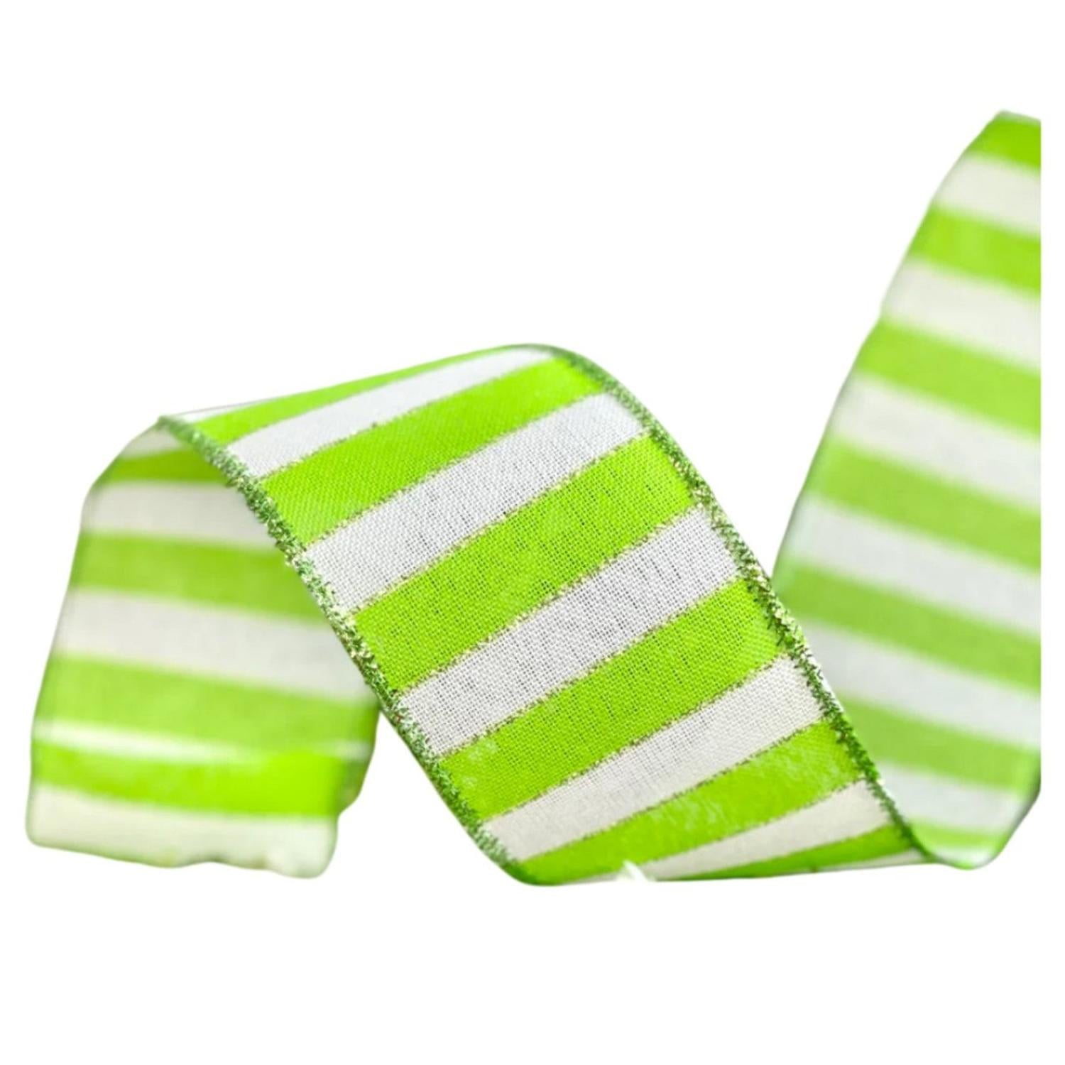 2.5" Stripe Tinsel Edge Ribbon: Lime & White (10 Yards)
