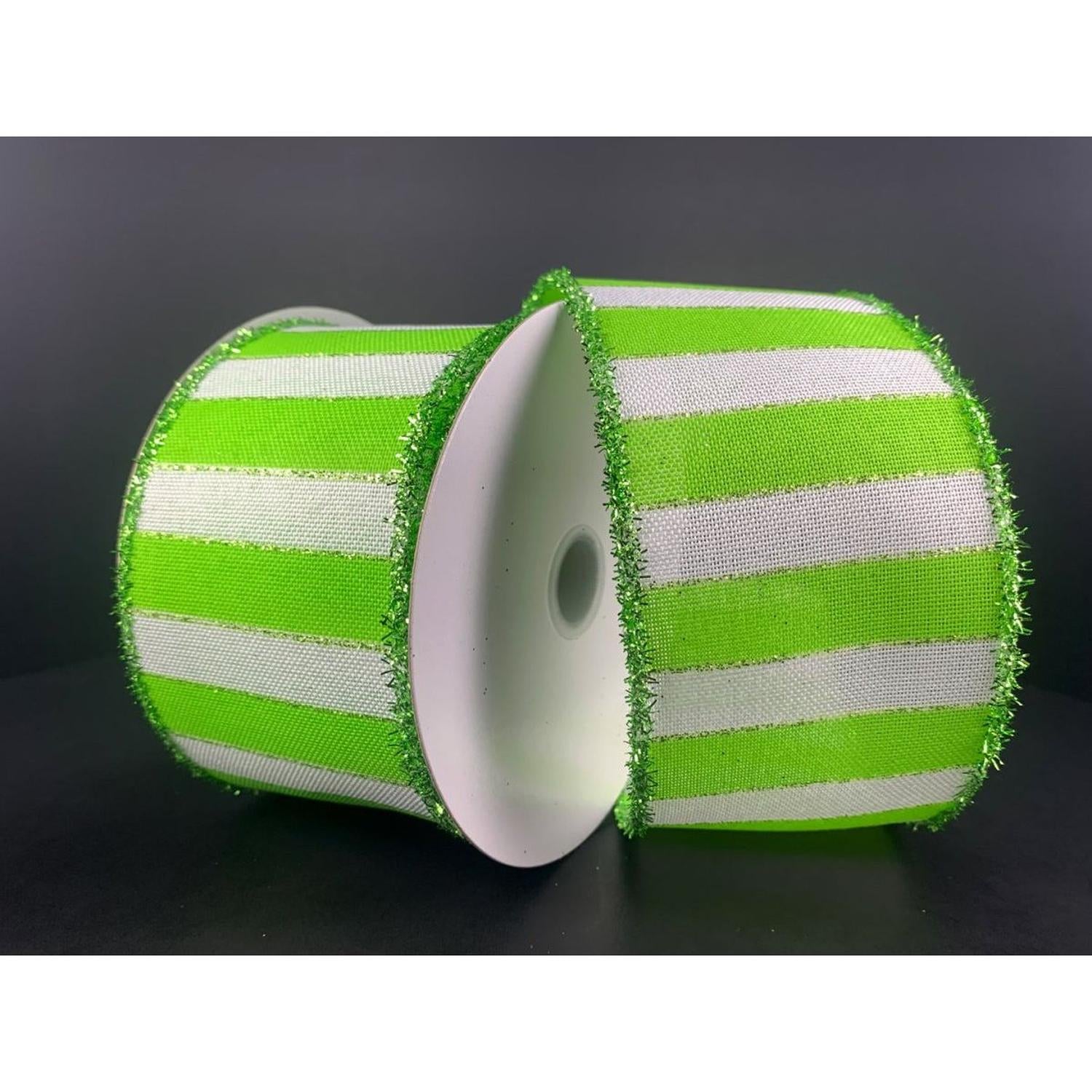 2.5" Stripe Tinsel Edge Ribbon: Lime & White (10 Yards)