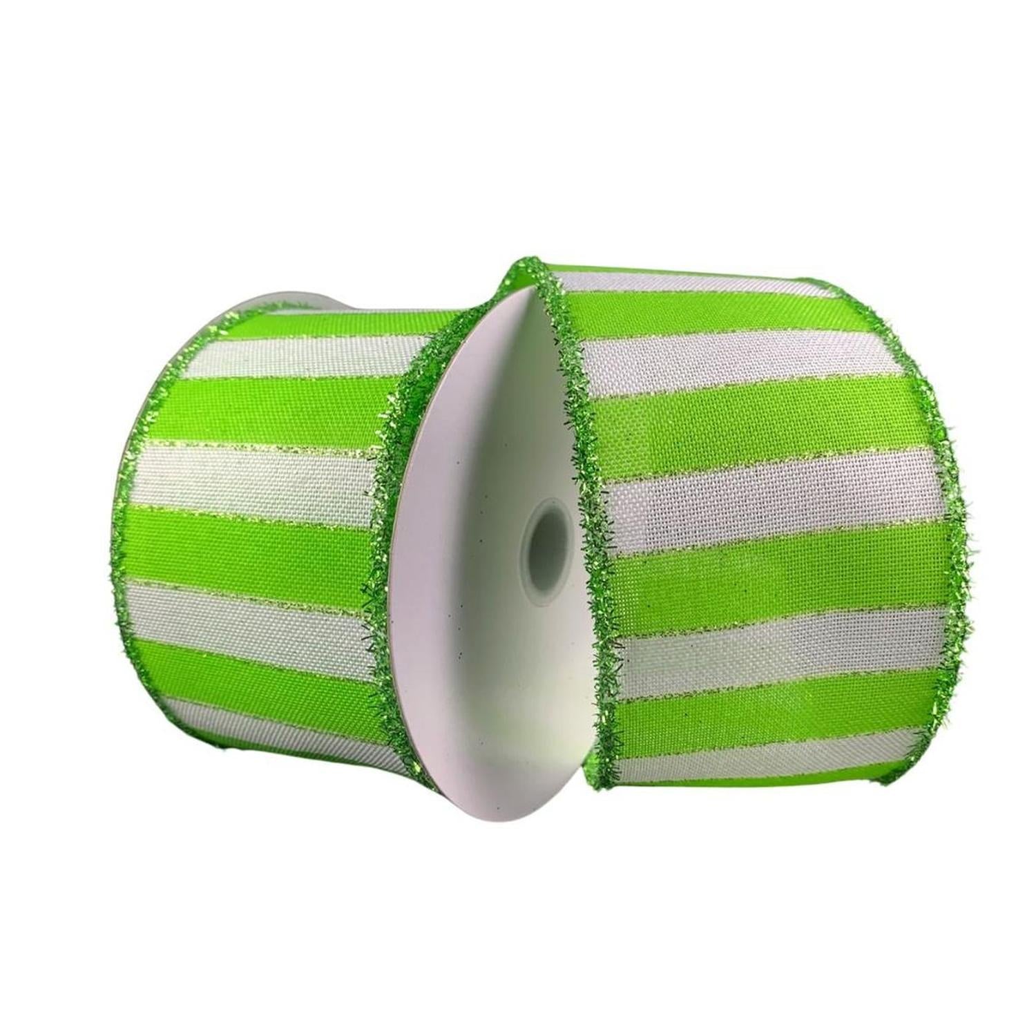 2.5" Stripe Tinsel Edge Ribbon: Lime & White (10 Yards)