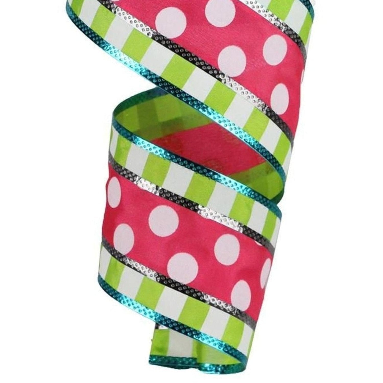 Shop For 2.5" Striped Edge Polka Dot Ribbon: Pink, Lime Green, & White (10 Yards)