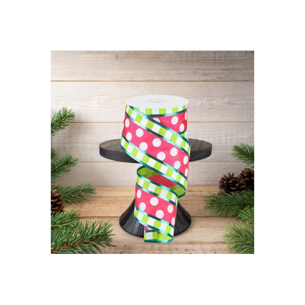 Shop For 2.5" Striped Edge Polka Dot Ribbon: Pink, Lime Green, & White (10 Yards)
