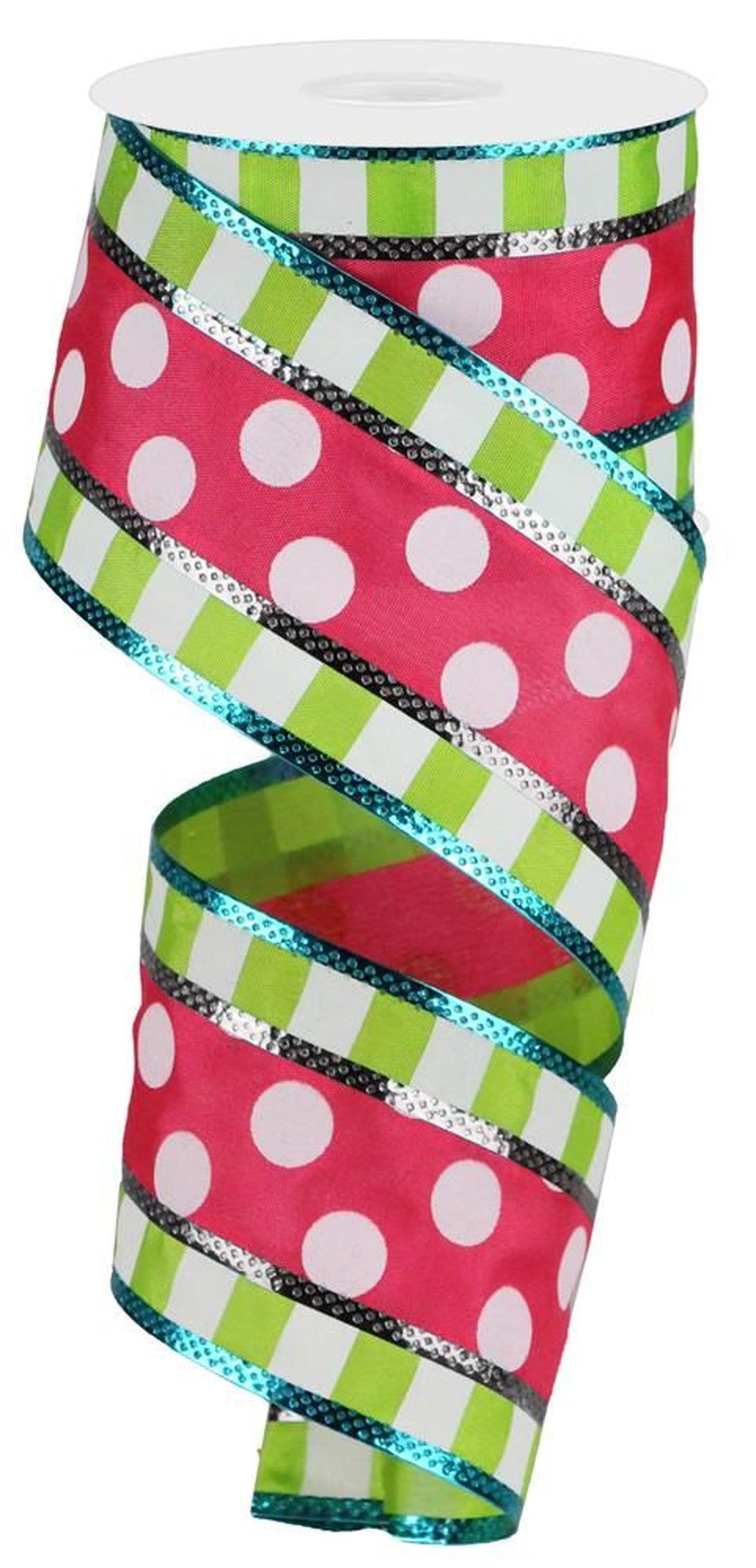 2.5" Striped Edge Polka Dot Ribbon: Pink, Lime Green, & White (10 Yards)