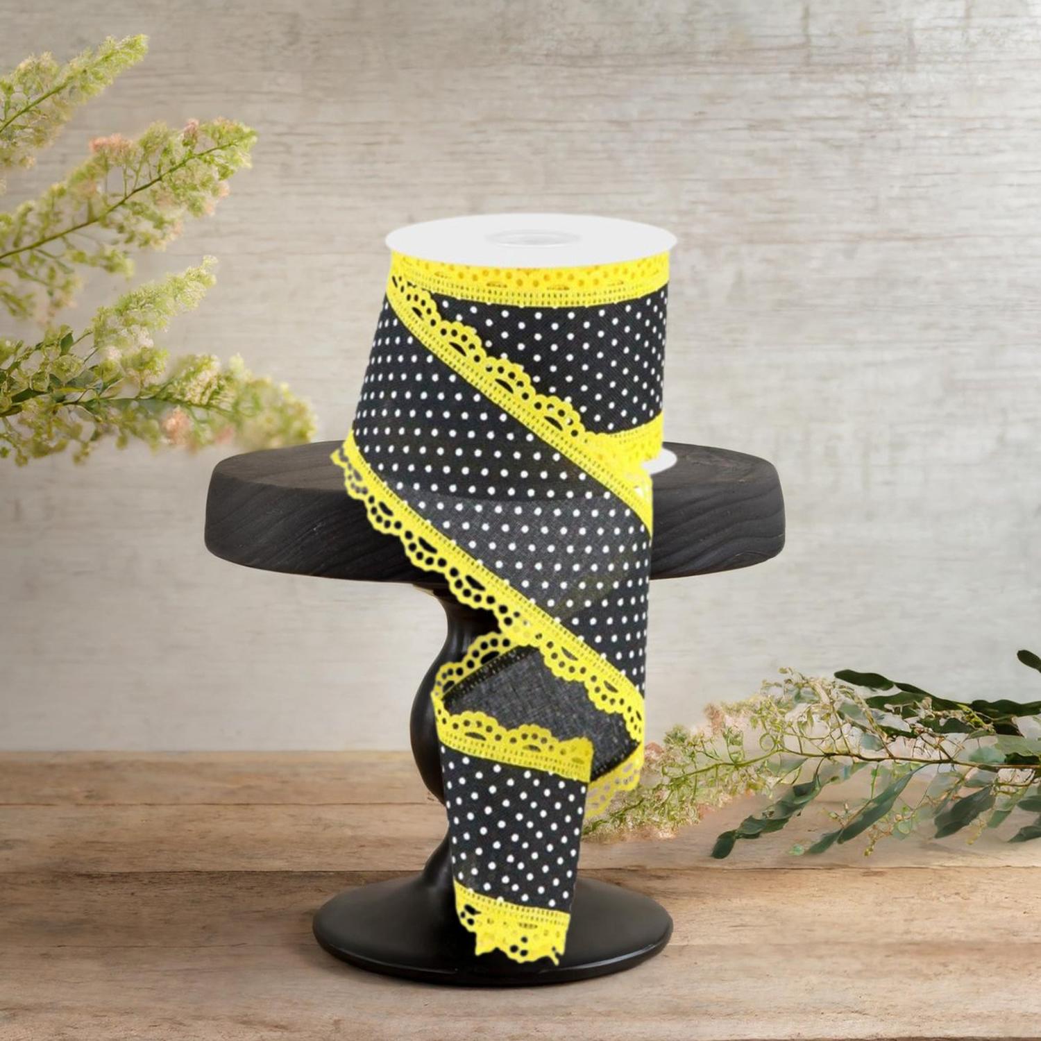 2.5" Swiss Dots Lace Edge Ribbon: Black/Yellow (10 Yards)