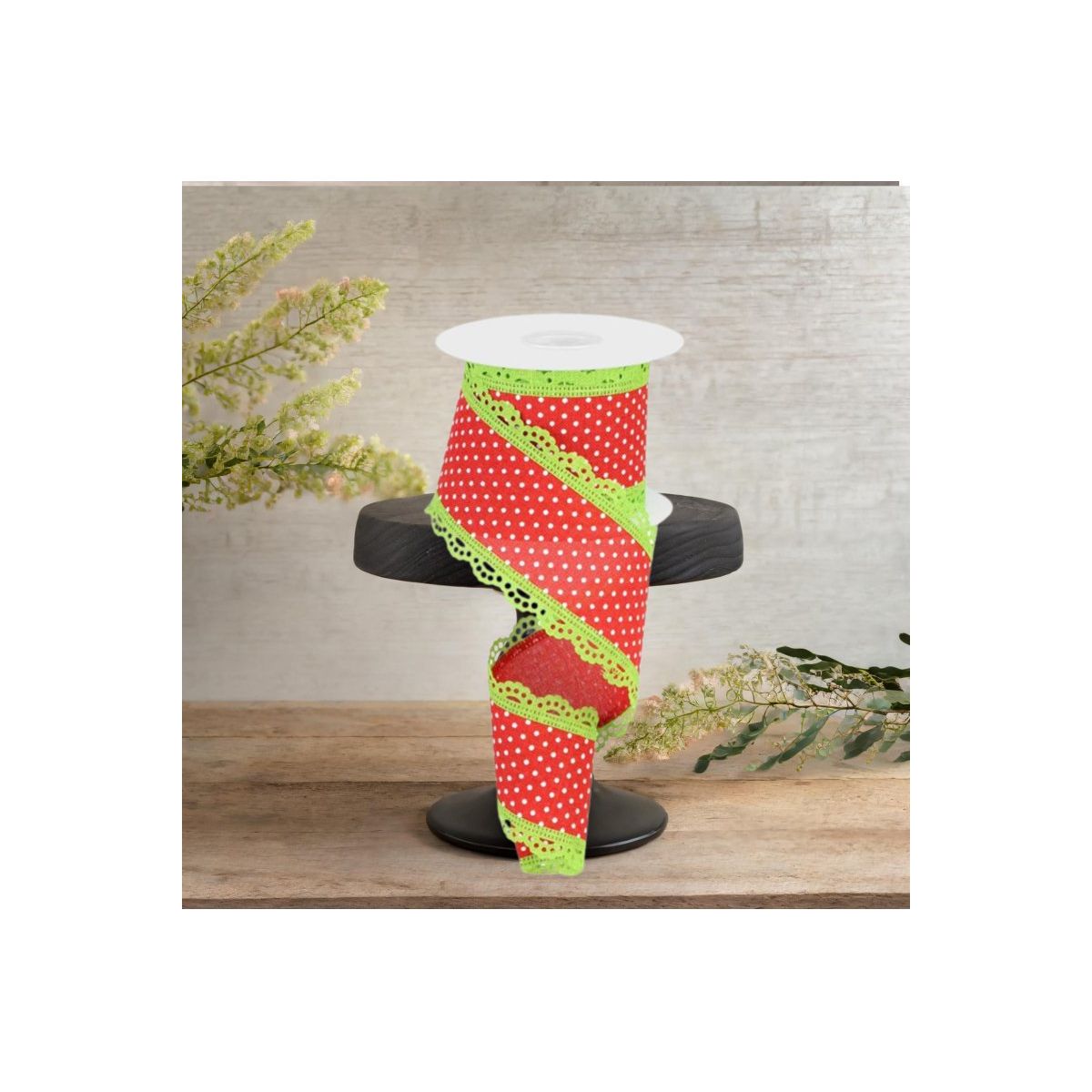 Shop For 2.5" Swiss Dots Lace Edge Ribbon: Red/Lime Green (10 Yards)