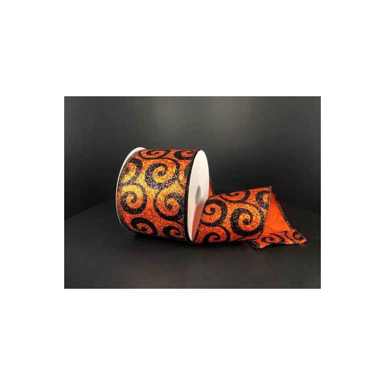 Shop For 2.5" Ultra Glitter Swirls Ribbon: Orange & Black (10 Yards) at Michelle's aDOORable Creations