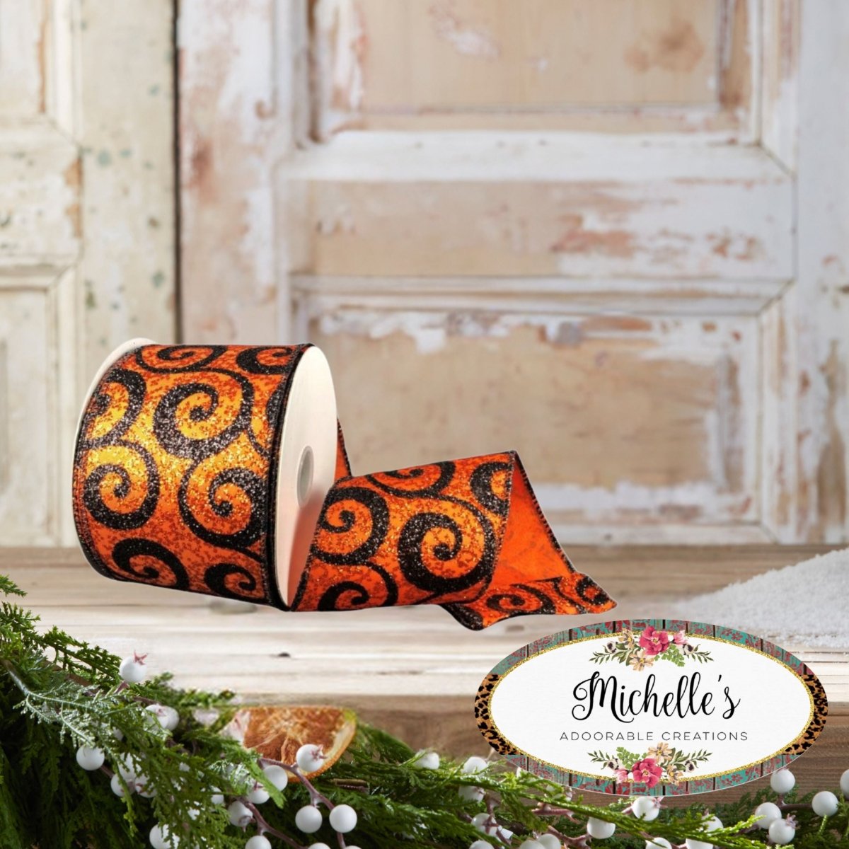 Shop For 2.5" Ultra Glitter Swirls Ribbon: Orange & Black (10 Yards)