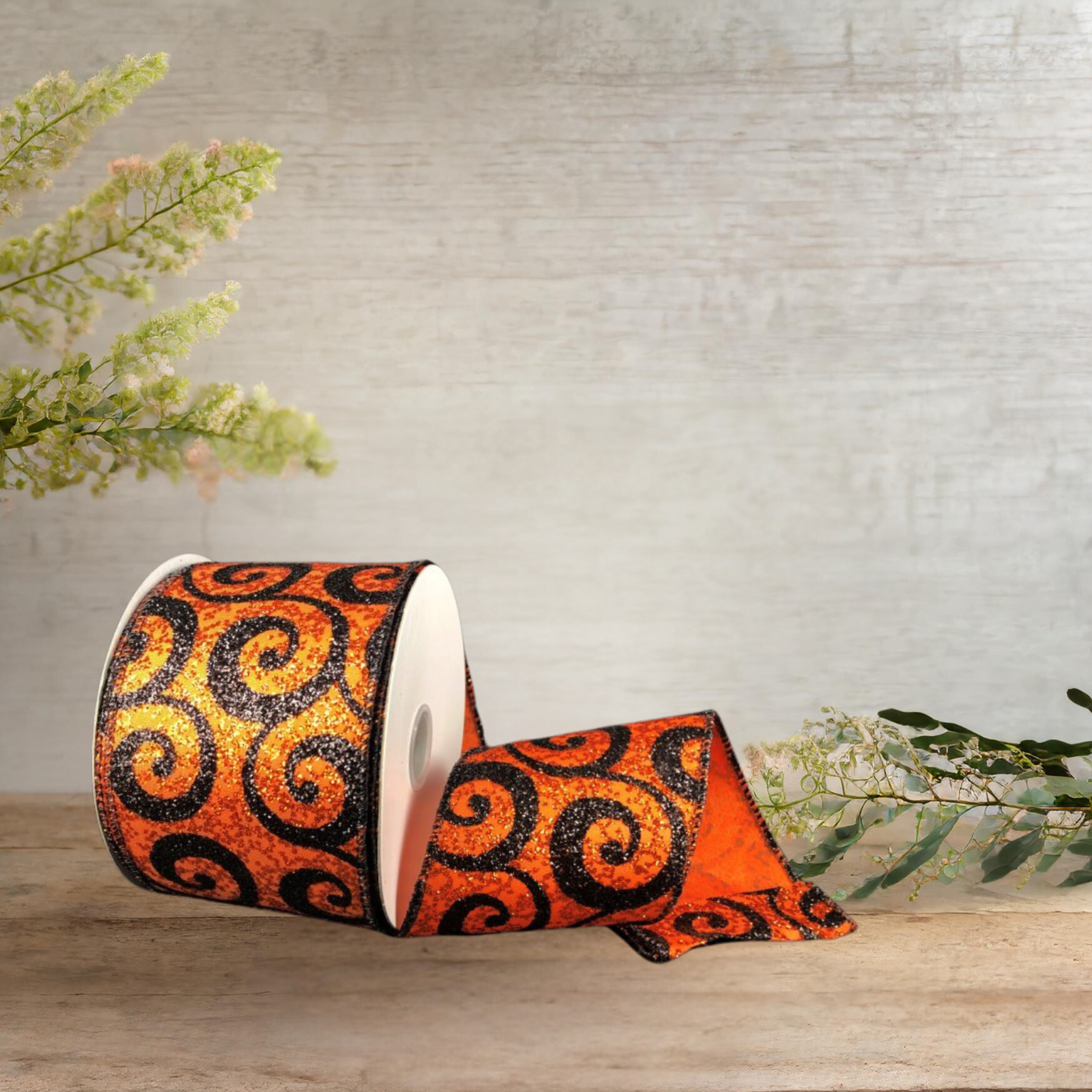 Shop For 2.5" Ultra Glitter Swirls Ribbon: Orange & Black (10 Yards)