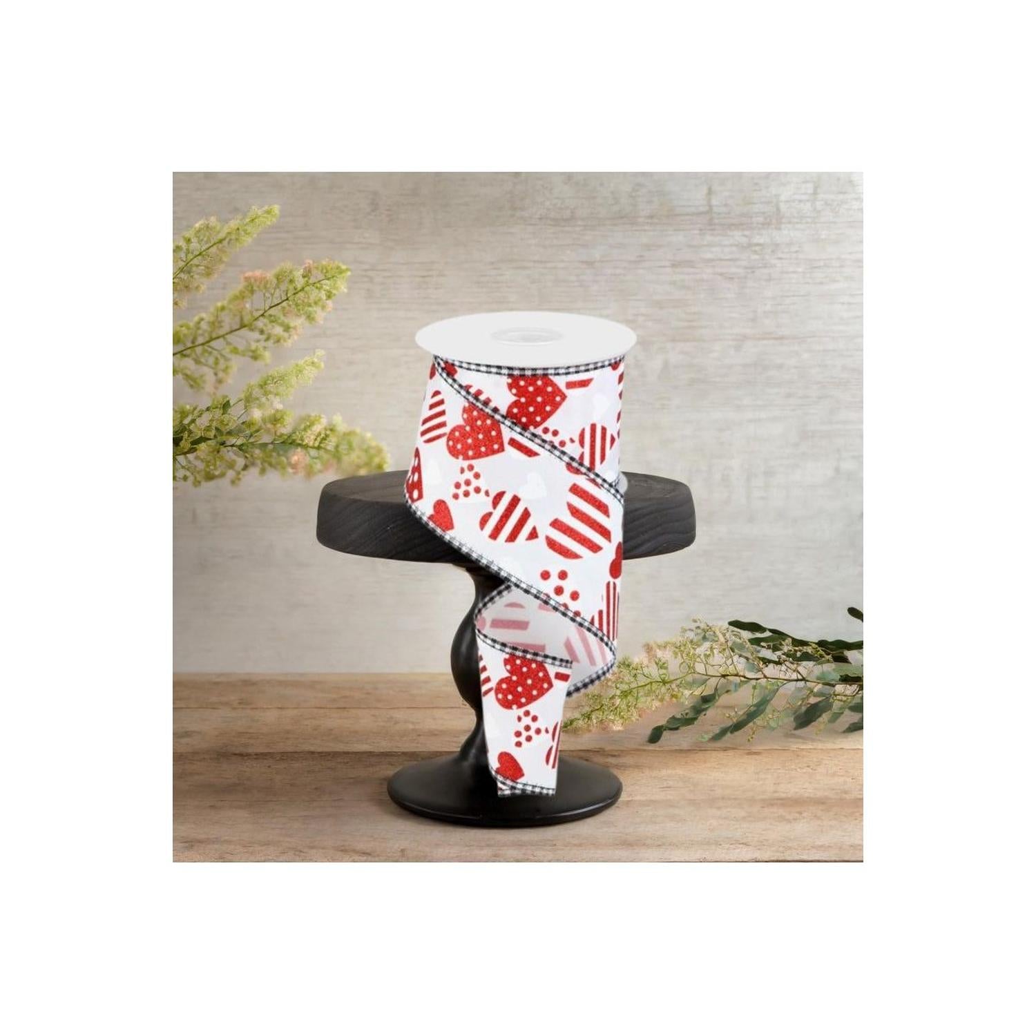 2.5" Valentine Hearts Gingham Ribbon: White (10 Yard)