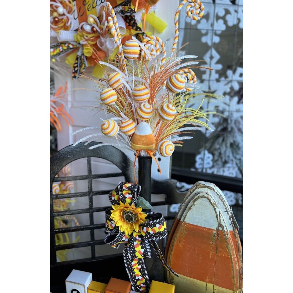 Shop For 25" Velvet Striped Ball Spray: Candy Corn