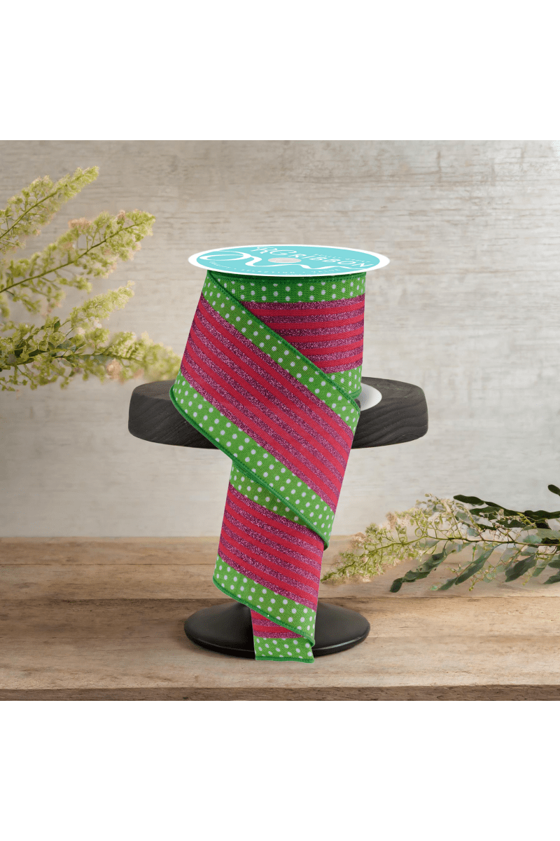 Shop For 2.5" Vertical Stripe Polka Dot Edge Ribbon: Green, Red, Pink