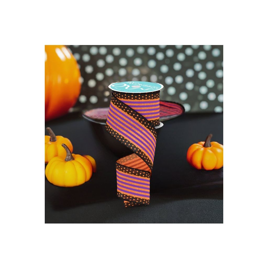 Shop For 2.5" Vertical Stripe Polka Dot Edge Ribbon: Orange, Purple, Black at Michelle's aDOORable Creations