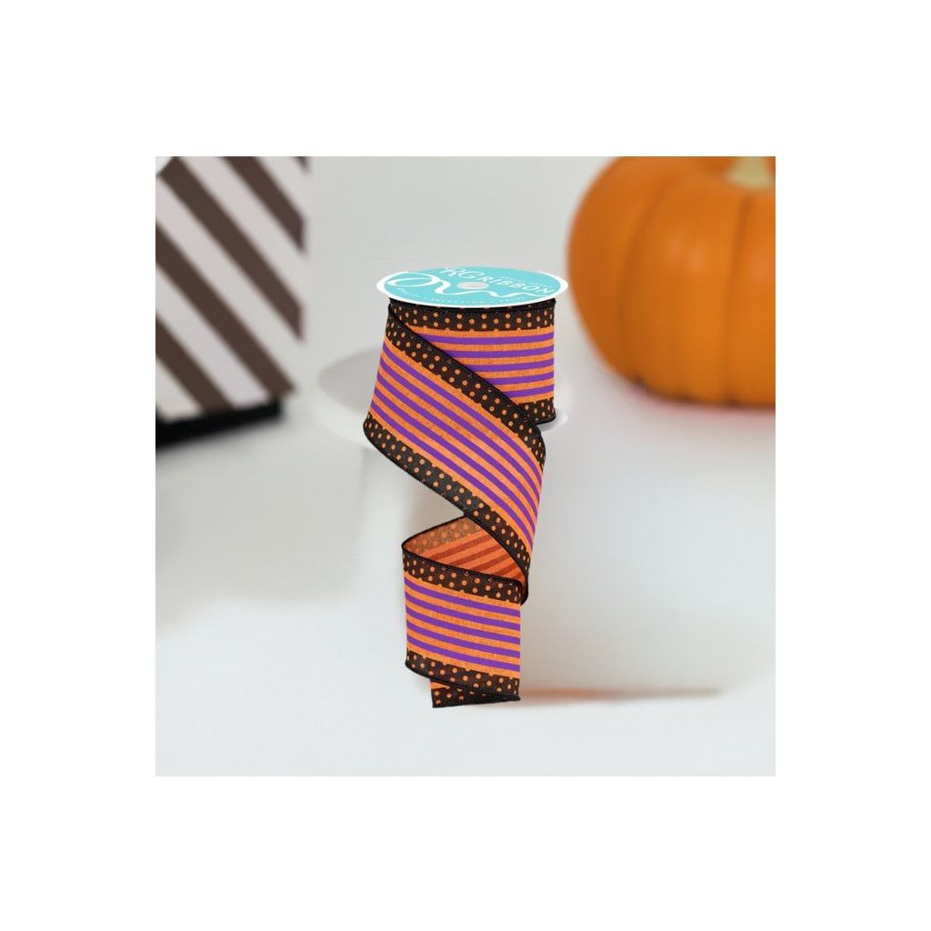 Shop For 2.5" Vertical Stripe Polka Dot Edge Ribbon: Orange, Purple, Black at Michelle's aDOORable Creations