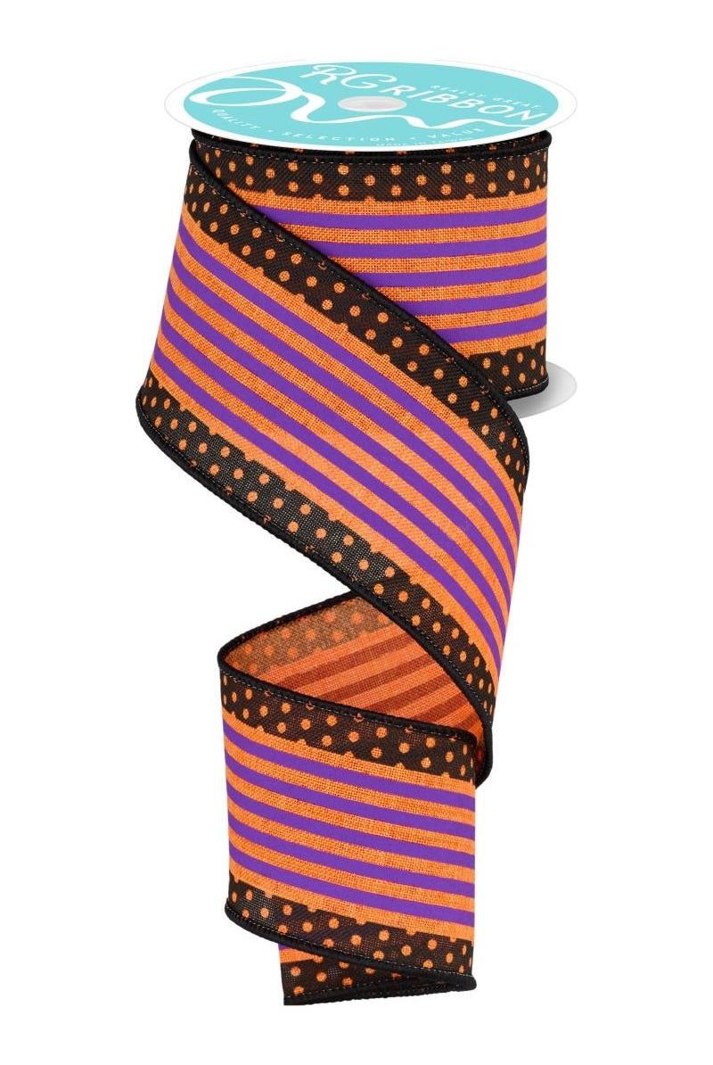 Shop For 2.5" Vertical Stripe Polka Dot Edge Ribbon: Orange, Purple, Black RGF139820