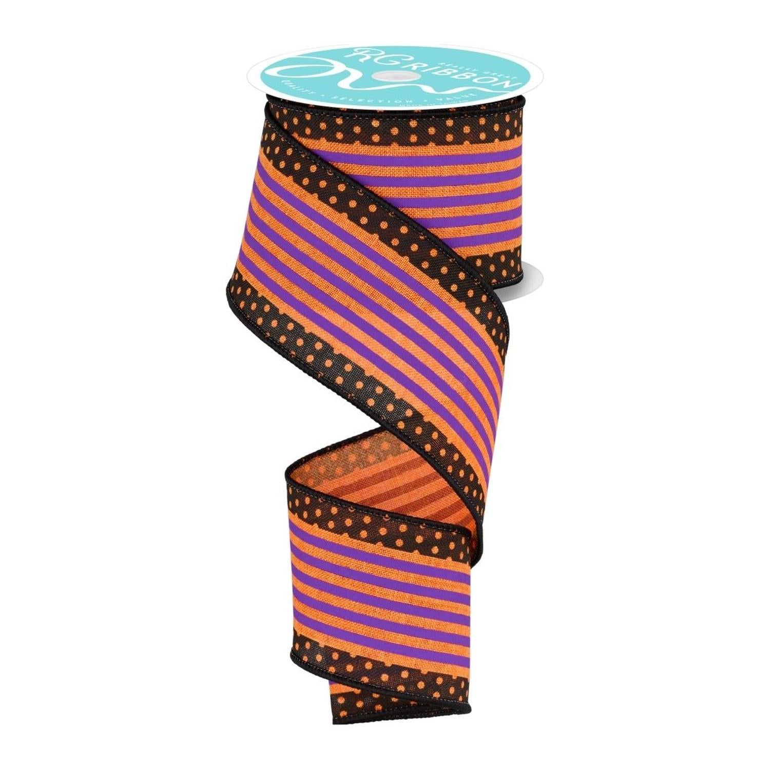 Shop For 2.5" Vertical Stripe Polka Dot Edge Ribbon: Orange, Purple, Black at Michelle's aDOORable Creations