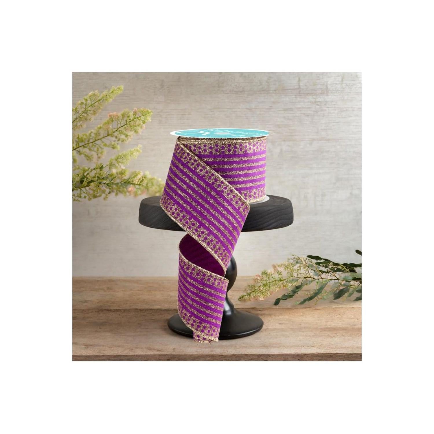 2.5" Vertical Stripe Polka Dot Edge Ribbon: Purple/Gold